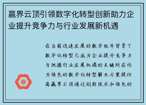 赢界云顶引领数字化转型创新助力企业提升竞争力与行业发展新机遇