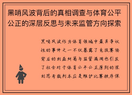 黑哨风波背后的真相调查与体育公平公正的深层反思与未来监管方向探索